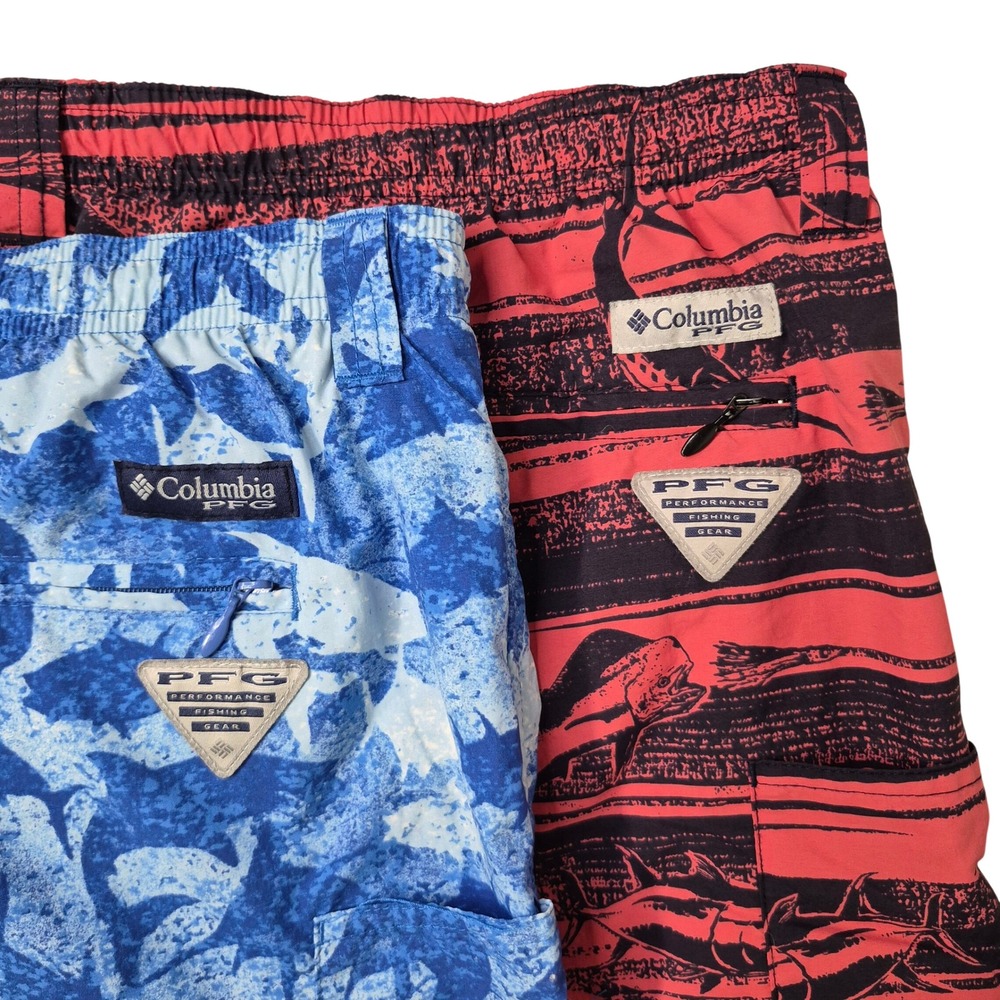 Lot 2 Columbia PFG Fishing Shorts Mens XXL Blue Red Fish Shark Print Omni-Shade